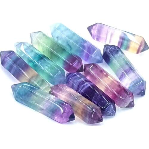 2PCS 32mm Natural Fluorite Crystal Stone Colorful Striped Energy Ore Quartz Crystal Point Healing Hexagonal Wand Treatment Stone