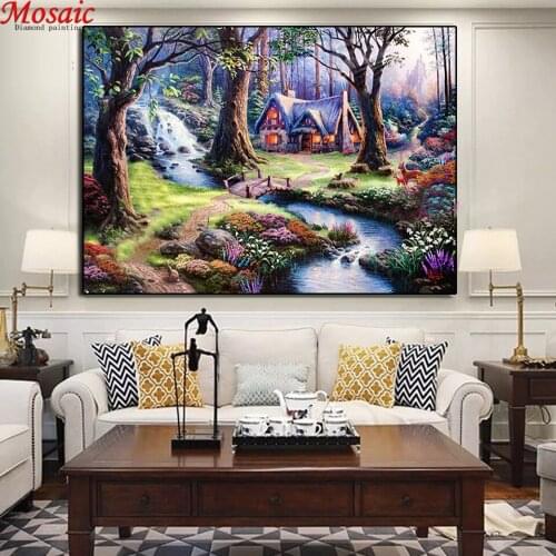 New Full Square Drill Little Creek Water Forest Cabin 5D DIY Diamond Painting Embroidery Cross Stitch Rhinestone Mosaic Decor