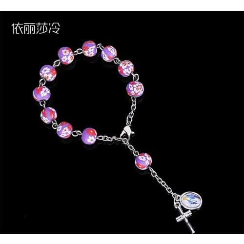 New Catholic soft pottery rosary bracelet, charm 8mm cartoon rosary soft clay baptism blessing bracelet jewelry. Random picture