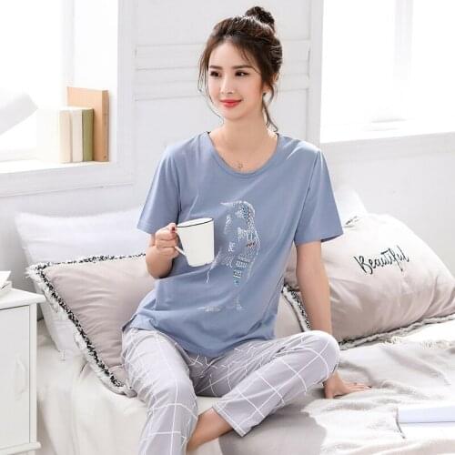 New Summer Cotton Women Pajamas Set Short Tops+Long Pants Two Pieces Set Womens Loose Pyjamas Plus Size M-5XL Pyjama Femme