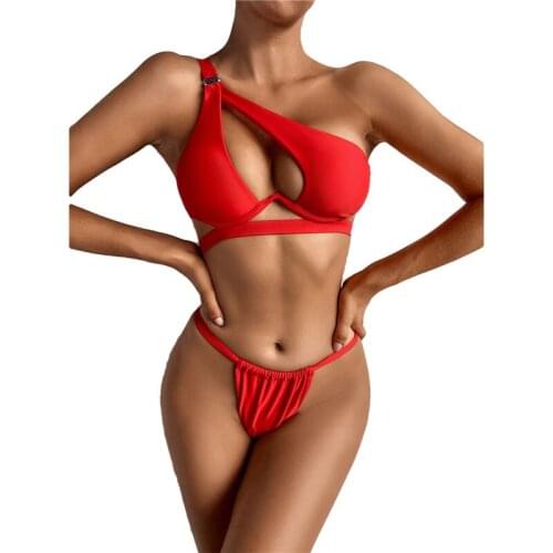 Xingqing Solid Color Swimsuit One-shoulder Front Hollowed Tops with Elastic Drawstring Triangle Bottoms Swimsuit Swim Wear
