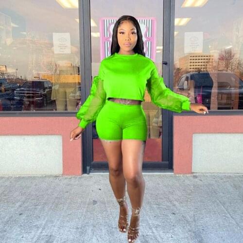 Sexy Two Piece Set Organza Ruffles Full Sleeve Crop Top and Biker Shorts Sets 2021 Womens Clothing Womens Tracksuit Club Outfit