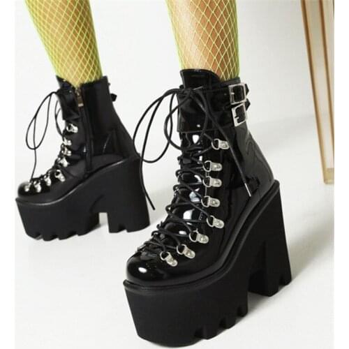 PXELENA Drop Ship Gothic Punk Thick Sole Platform Combat Boots Women Chunky Block High Heels 13CM Winter Shoes Plus Size 36-44