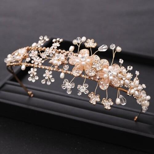 Trendy Gold Pearl Crystal Flower Crown Hairband for Wedding tiara Handmade Bridal Headpiece Jewelry Wedding Hair Accessories