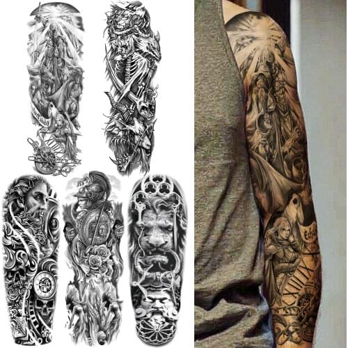 Warrior God Temporary Tattoo Sleeve For Men Women Adult Soldier Black Demon Tattoos Sticker High Quality Fake Tattoos Large Size