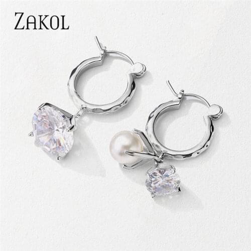 ZAKOL 2021 New INS Style Fashion Unique Hammer Zirconia Imitation Pearls Hoop Earrings for Women Party Jewelry EP2905