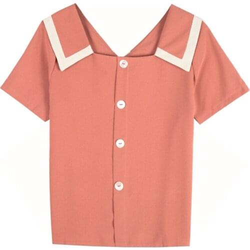 Womens Blouse Spring-Summer Doll Collared Clavicle Shirt V-Neck Student Short Sleeve Chiffon Small Shirt Top