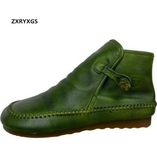 100% Natural Genuine Leather Shoes Woman Ankle Boots Flat Soft Sole Comfort Casual Boots Solid Color Womens Single Boots New