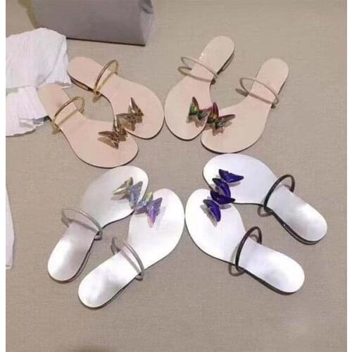 Butterfly Rhinestone Sandals Womens Flat Bottom Summer 2021 New Beach Toe Slippers Women
