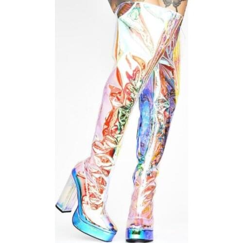 Woman Fashion Clear PVC Colorful Over The Knee Platform Boots Female Round Toe Transparent Square Heels Zipper Thigh Long Boots