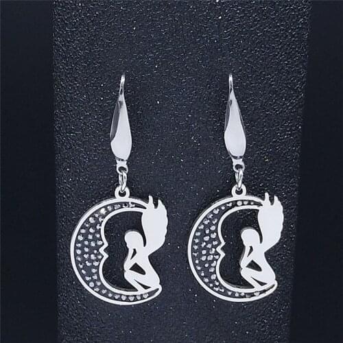 Stainless Steel Black Crystal Moon Angel Drop Earings for Women Silver Color Earings Jewelry boucles d oreille femme E4813S03