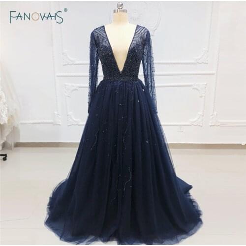 2019 Navy Blue Evening Dresses Long Sleeves Deep V Neck Beaded Luxury Prom Dress Tulle Formal Evening Gown Vestiod de Festa NE25