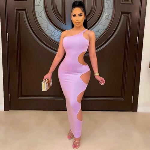 2021 Women Sexy One Shoulder Hollow Out Maxi Club Party Dress Spaghetti Straps Sleeveless Bodycon Long Casual Elegant Vestidos