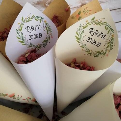 25pcs Personalized wreath Wedding Confetti Cones Paper Custom Monogram petal rice favor candy cones birthday party popcorn cones