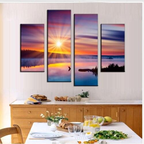 4 Pcs/Set Combined Landscape Painting Colorful Sunset Glare Decorative Picture Canvas Wall Art Picture No Frame