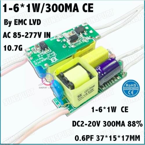 6Pieces By CE EMC LVD 6W AC85-277V LED Driver 1-6x1W 300mA DC2-20V LED PowerSupply Constant Current For bulb lamp Free Shipping