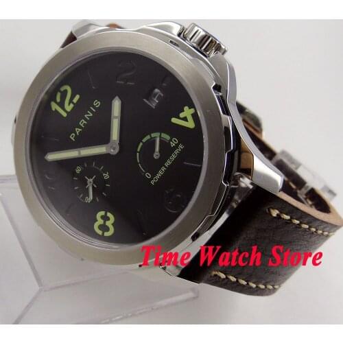 44mm Parnis black dial power reserve ST 2530 mens watch 768 sapphire glass luminous hands