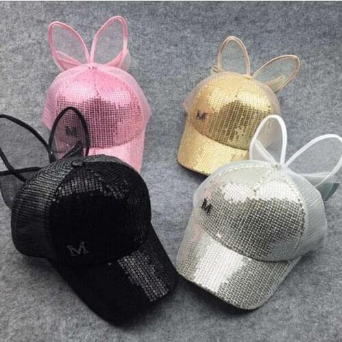 Childrens Sequins Baby Big bow Letter M Snapback Caps Baseball Caps Children Mesh Summer Hip Hop Adjustable Sun Hats Bonnet