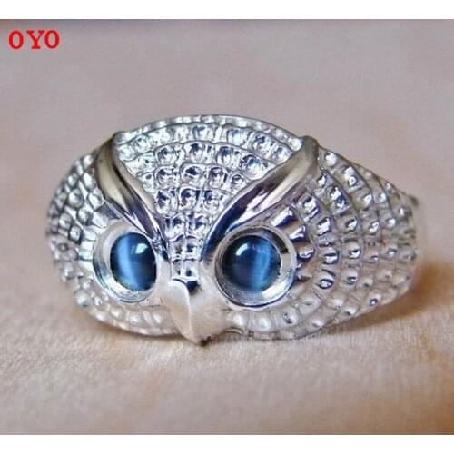 925silver cute blue opal moonstone personality owl head ring