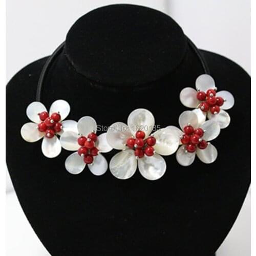 White shell flower red coral round necklace 18inch wholesale beads nature gift discount FPPJ