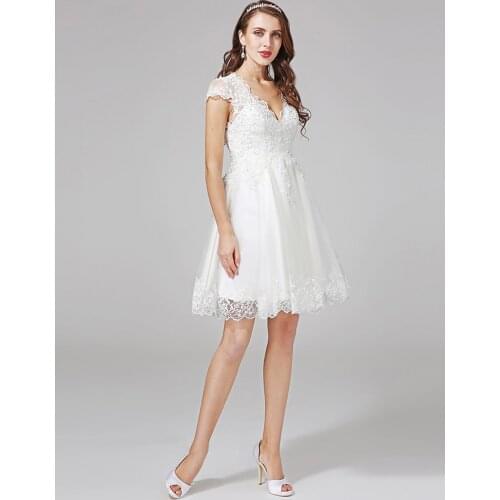 Illusion Knee-Length Wedding Dresses Cap Sleeve Lace Appliqued Bridal Gowns