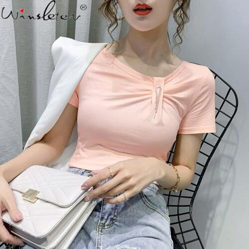 Summer Sexy V-Neck Solid T-Shirt Women Cotton Tops Korean Clothes Drape Slim Short Sleeve Bottoming Shirt Tees New 2021 T13704A