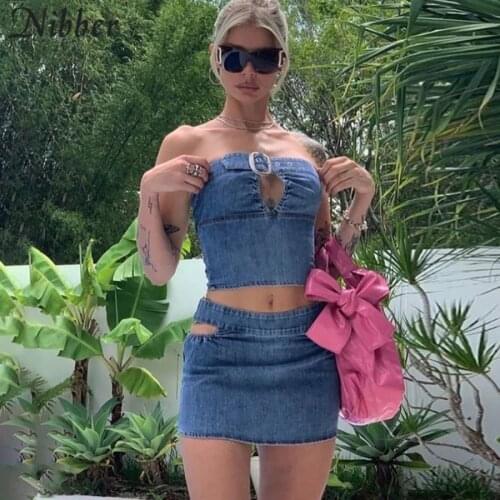 Nibber High Waist Denim Party Mini Skirts Women 2021 Hollow Out Button Zipper A-line Skirt Ladies Sexy Clothing Night Club Wear