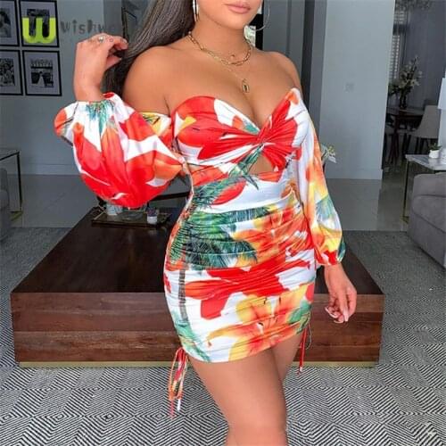 Fashion Print Bubble Sleeve Hip Pleated Sexy Dress Popular Womens Summer Party Club Sundress Cross Mini Dress