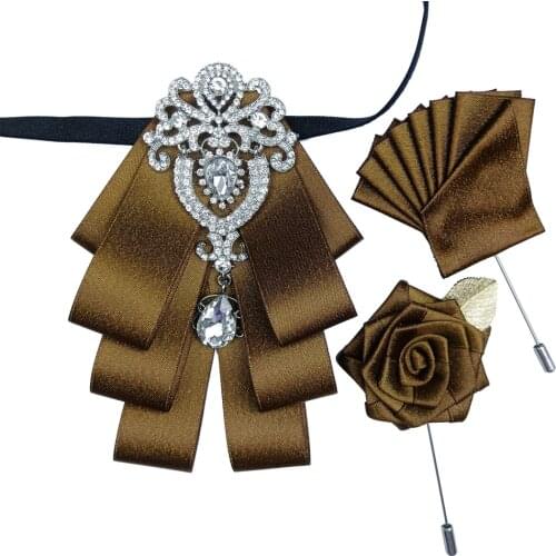 British Mens Wedding Bow Tie Set Business Banquet Suit Dress Shirt Accessories Rhinestone Bow Corsage Pocket Square Three-piece