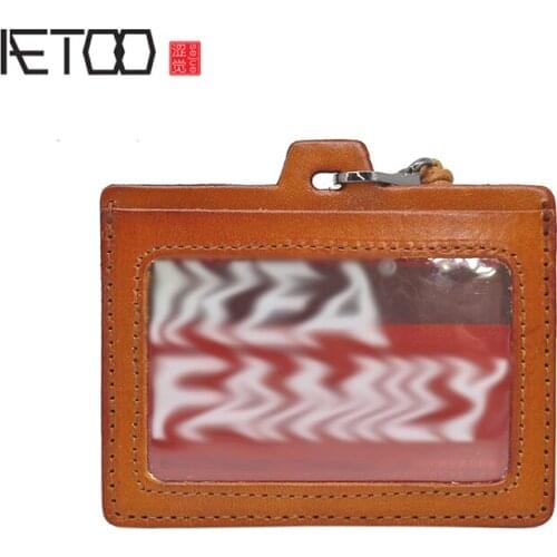 AETOO Tanning cowhide Handmade document card set hanging neck rope leather Student card Set Chest card work card set