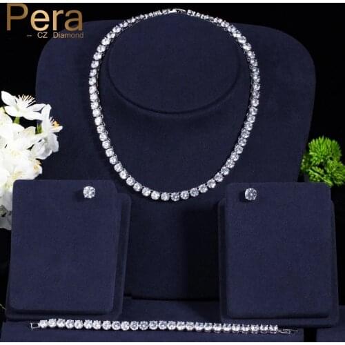 Pera Gorgeous 3Pcs Silver Color Big Round Connected Cubic Zircon Crystal Luxury Women Evening Party Jewelry Set For Ladies J157