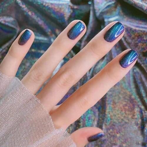 Fake Nails Short Chameleon Spar Aurora Cats Eye Nail Stickers Finished Nail Stickers 24 Nail Stickers With Glue Nail Sticker