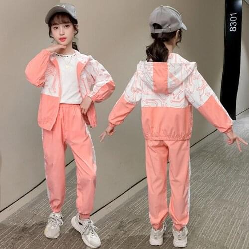 Girls' Autumn Sports Suit Teen Girls Clothing Patchwork Hooded Clothes 2Pcs Sets Children Outwear Girls Outfits 4 6 8 10 12 Year