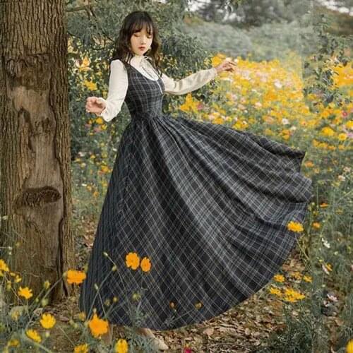 Dress for women Autumn Winter Women Dress New Arrival Retro Stand Collar Flower Embroidery Plaid Long Sleeve Woman Long Dress