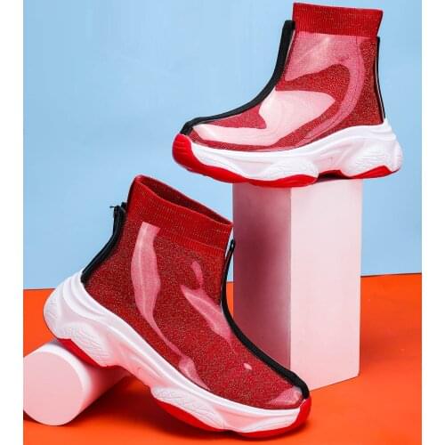 Weaving Women Sock Sneakers High Top Ankle Boots Breathable Pvc Rainboots Fashion Waterproof Walking Shoes Thick Sole Women Shoe