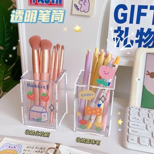 Transparent Acrylic Pen Holder Desktop Organizer Pencil Makeup Brush Storage Bucket Simple School Stationery Accessories