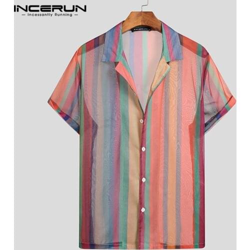 Fashion Men Striped Shirt Mesh Short Sleeve Transparent Casual Beach Hawaiian Shirts Streetwear Button Summer Camisas INCERUN