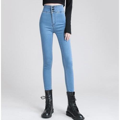 High Waist Elastic Skinny Pencil Jenas Women Sexy Push Up Hips Cotton Blue Denim Pants Spring Autumn Retro Washed Trousers 26-32