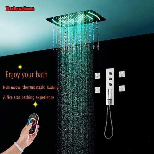 Bathroom Thermostatic Shower Set Panel Massage Jets Mixing Valve Faucet Nozzle Glow LED Luxury Shower Head Waterfall Rain Units