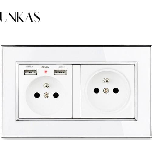 UNKAS 2 Gang French Socket + Dual USB Charging Port 146MM * 86MM Luxury Mirror Acrylic Panel Hidden Soft LED Indicator Outlet