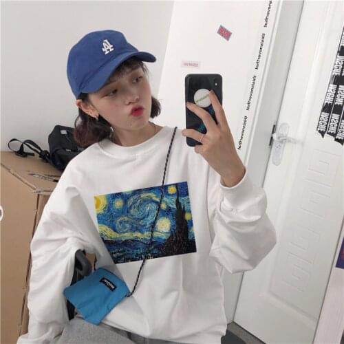Funny Women Hoodie Sweatshirt Harajuku Vogue casual Tops Female Clothes Van Gogh Oil Print Round Neck Plus Long Sleeve Sweashirt