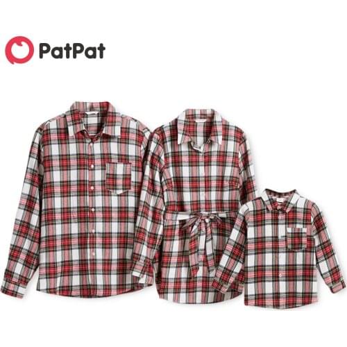 PatPat Red Plaid Family Matching Lapel Collar Long Sleeve Button Front Shirts