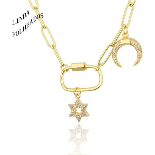 New Design Woman Golden Square Turnbuckle Combination Set Auger Copper Star Moon Necklace Pendant Party Wedding Anniversary Gift