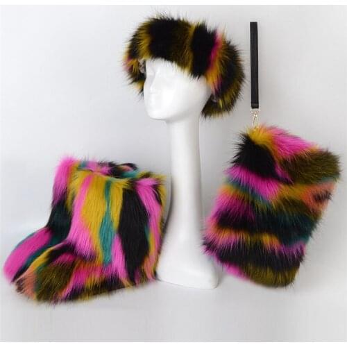 Winter Womens High Fur Boots Fluffy Fur Snow Boots Ladies Plush Platform Cotton Shoes Bag Sets Girls faux Fur Headband EU34-44