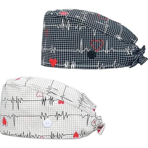 2PCS ECG Print Adjustable Work Cap With Sweatband Stand-Ear Protection Comfortable Cotton Nurse Hat Elastic Bandage 2021 A40