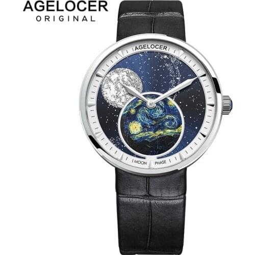AGELOCER Moon Phase Womens Watches Top Swiss Brand Luxury Waterproof Watch Fashion Ladies Ultra-Thin Wrist Watch Quartz Clock