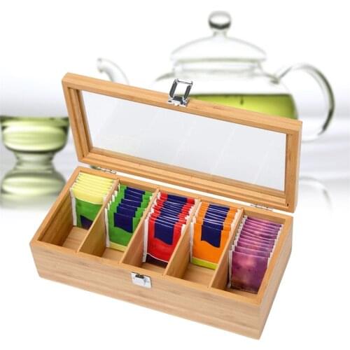 TTLIFE Bamboo Tea Box System Tea Bag Jewelry Organizer Storage Box 5 Compartments Tea Box Organizer Wood Sugar Packet Container