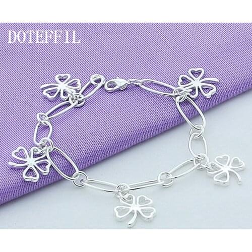 DOTEFFIL 925 Sterling Silver Five Clover Flowers Heart Bracelet For Women Fashion Charm Wedding Engagement Party Jewelry