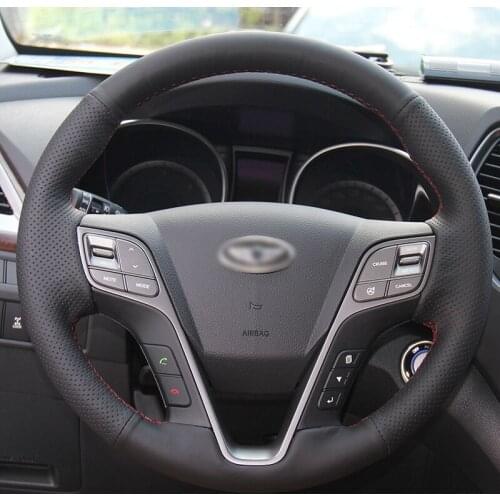 BANNIS Black Artificial Leather DIY Hand-stitched Steering Wheel Cover for Hyundai Santa Fe 2013-2015