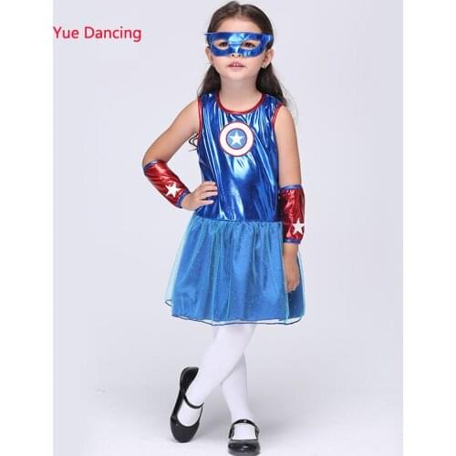 95-135cm Children Captain America Cosplay Costumes For Hallween/Christmas School Stage Show Girl Kids Fanny Clothes Blue Dresses